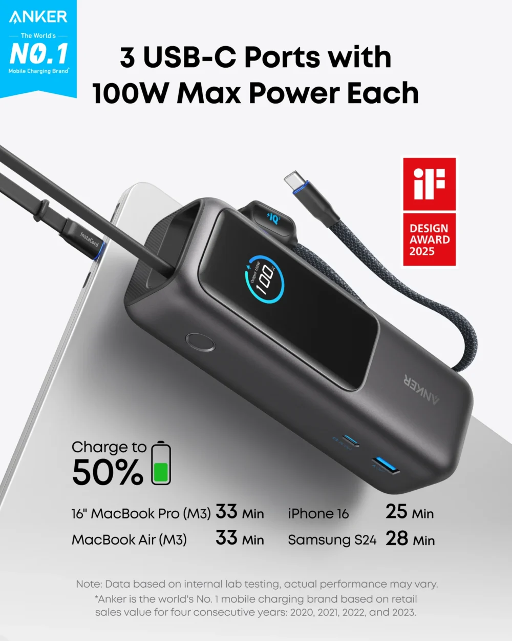 ⁦Anker Power Bank 25K, 165W, Built-In USB-C⁩ - الصورة ⁦2⁩