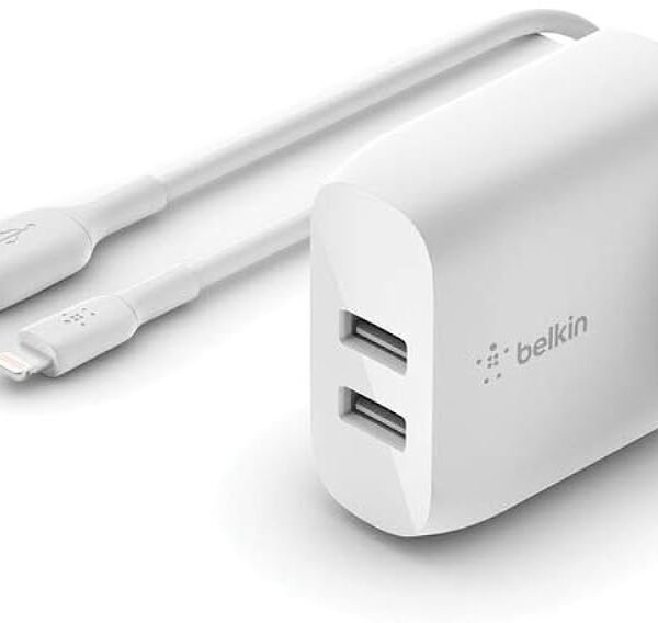 Belkin Boost Charge Dual USB-A Wall Charger 24W + Lightning 1M White